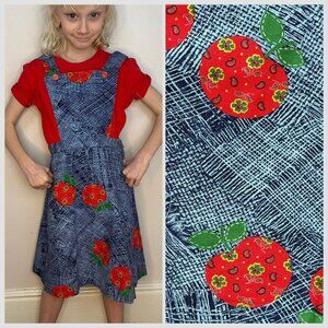 Vintage 1970s Girls’ Jumper, Low Back Overall Dress Apple Print, Handmade Size 8